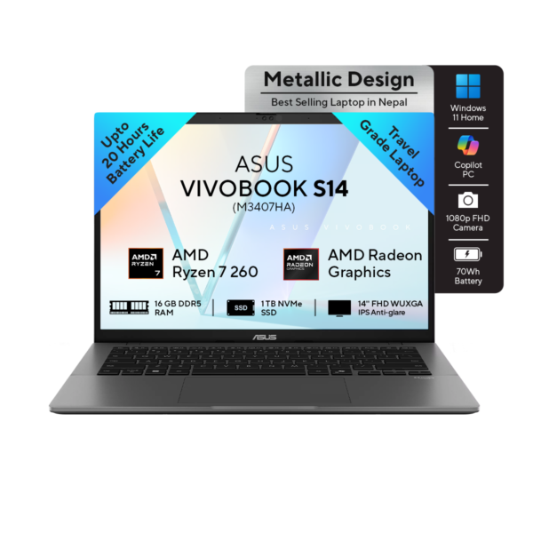 ASUS Vivobook S14 - M3407HA | 14.0-inch, WUXGA | Ryzen 7 260 | 16GB RAM | 1TB Gen 4 SSD | Windows 11 | Matte Gray | Backpack | Mouse | 2 Year Int'l Warranty | 1 Year Perfect Warranty